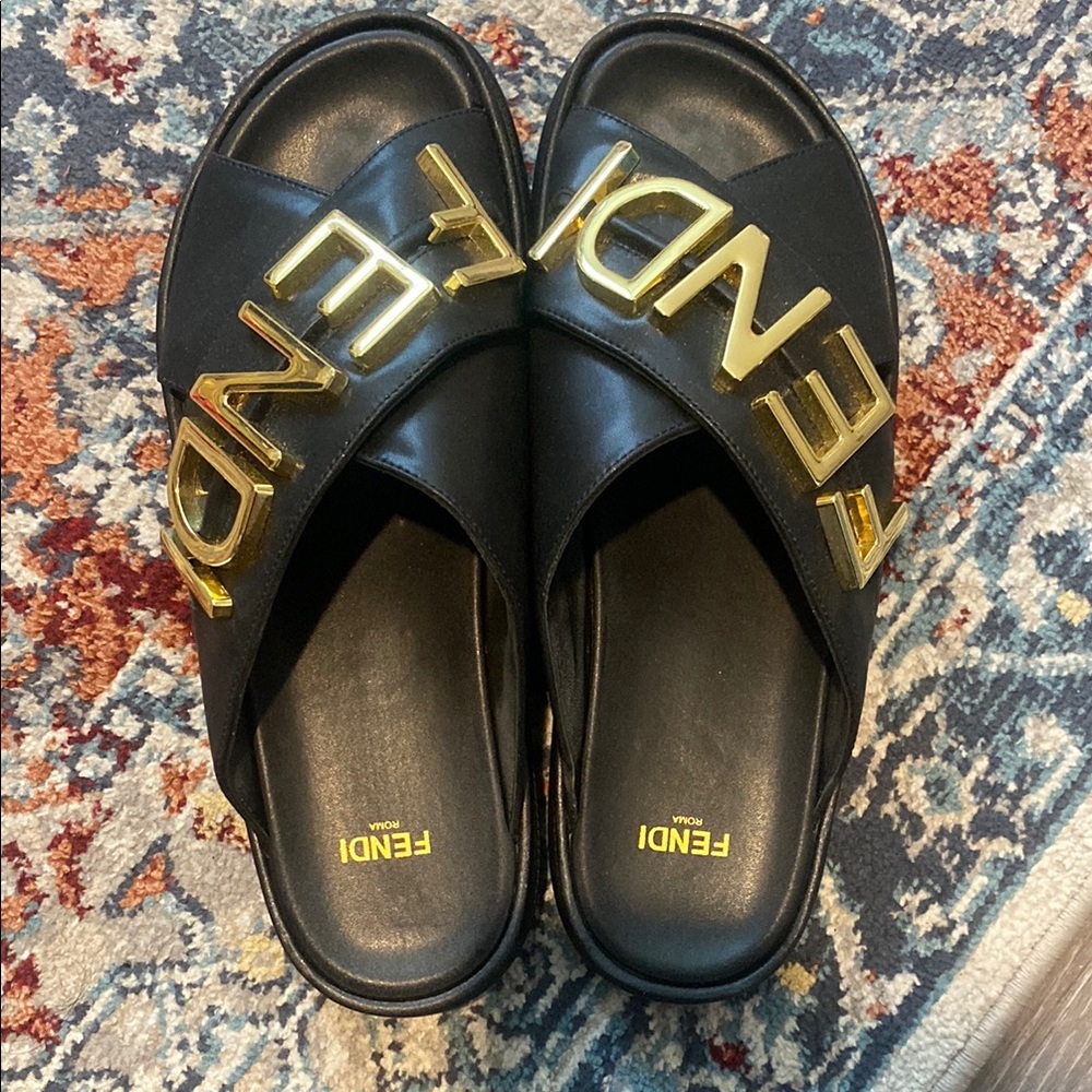 Fendi Black Slides with Gold Logo